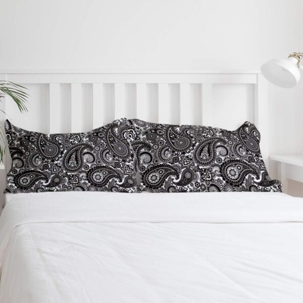 4 Piece Abstract Bedding Set Cal King Size Washable Microfiber Reversible Duvet Cover Set with Zipper for Spring, Summer, Winter, Floral Paisley Pattern Ethnic Design Black White