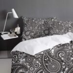 4 Piece Abstract Bedding Set Cal King Size Washable Microfiber Reversible Duvet Cover Set with Zipper for Spring, Summer, Winter, Floral Paisley Pattern Ethnic Design Black White