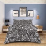 4 Piece Abstract Bedding Set Cal King Size Washable Microfiber Reversible Duvet Cover Set with Zipper for Spring, Summer, Winter, Floral Paisley Pattern Ethnic Design Black White