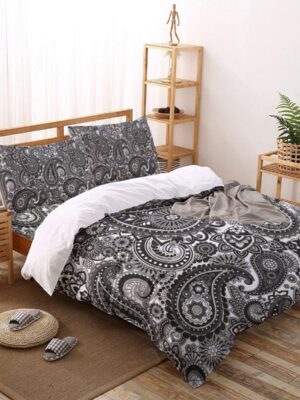 4 Piece Abstract Bedding Set Cal King Size Washable Microfiber Reversible Duvet Cover Set with Zipper for Spring, Summer, Winter, Floral Paisley Pattern Ethnic Design Black White