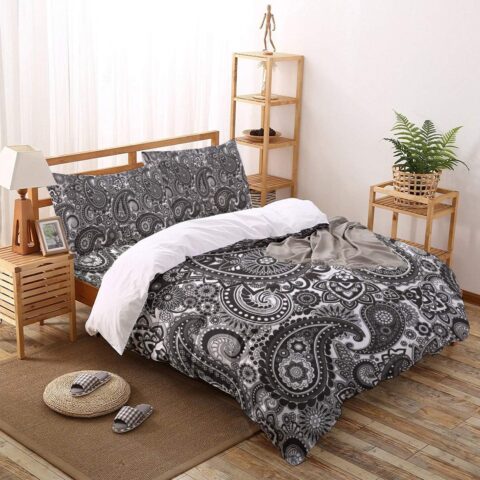 4 Piece Abstract Bedding Set Cal King Size Washable Microfiber Reversible Duvet Cover Set with Zipper for Spring, Summer, Winter, Floral Paisley Pattern Ethnic Design Black White